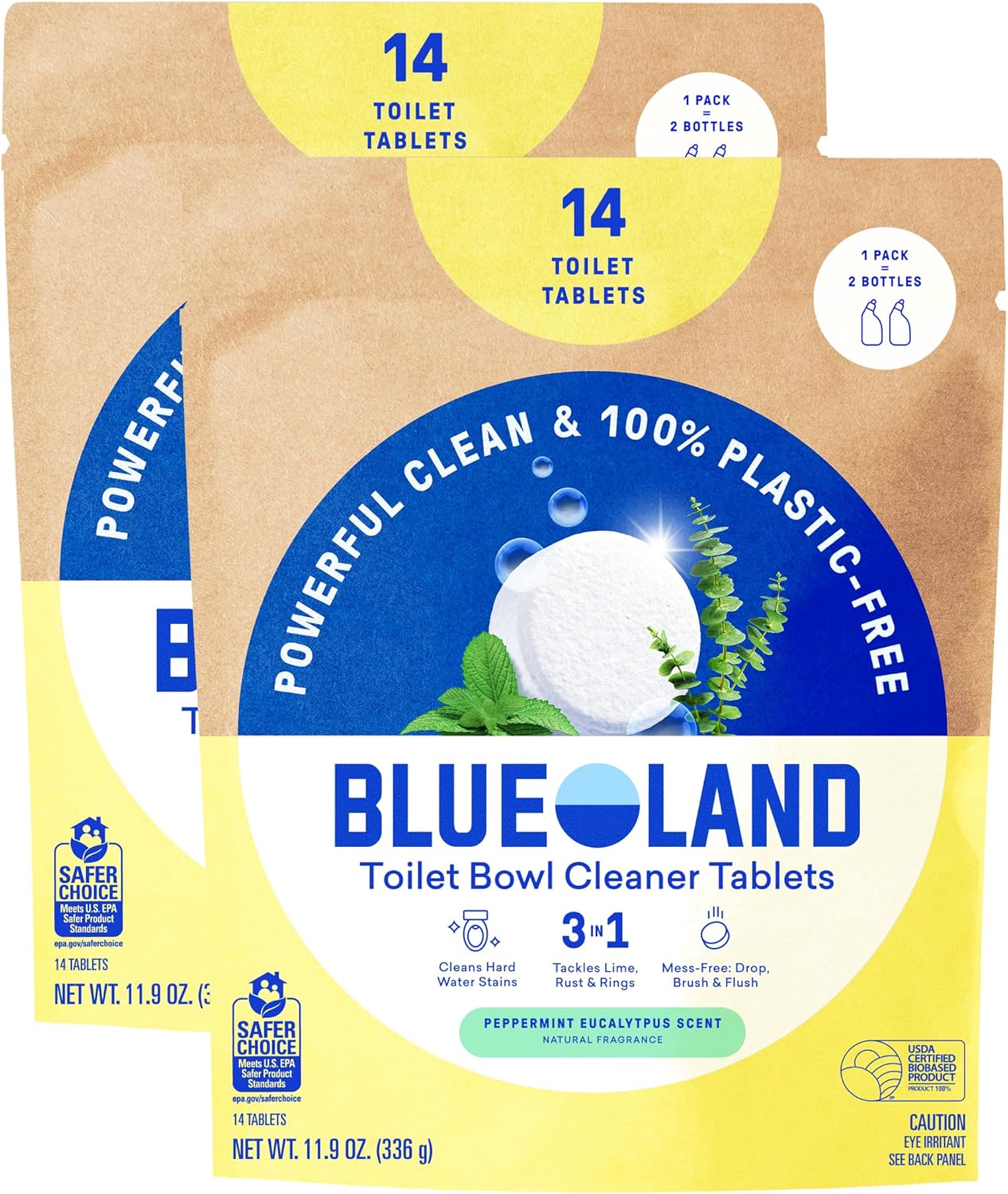 BLUELAND Toilet Bowl Cleaner Tablets, 14 Count (Pack of 2), Peppermint Eucalyptus, Plastic-Free, No Harsh Chemicals, Plant-Based, Septic-Safe, Removes Lime, Rust, Hard Water and Toilet Ring Stains