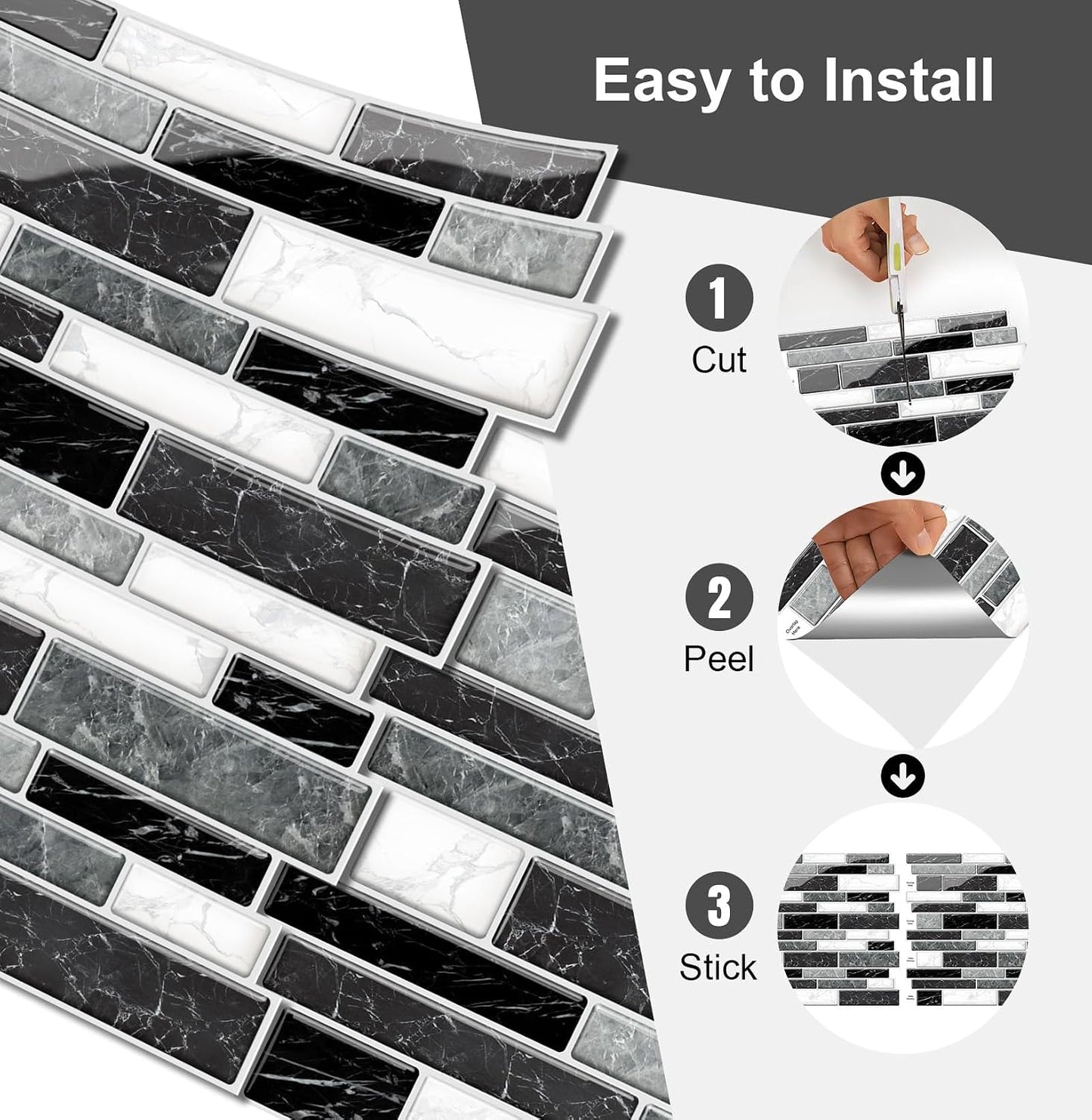 10 Sheets Peel and Stick Backsplash, Peel and Stick Tiles, Marble Look Wall Tiles Backsplash for Kitchen and Bathroom, Livingroom, 12”x12”,Blue&Grey