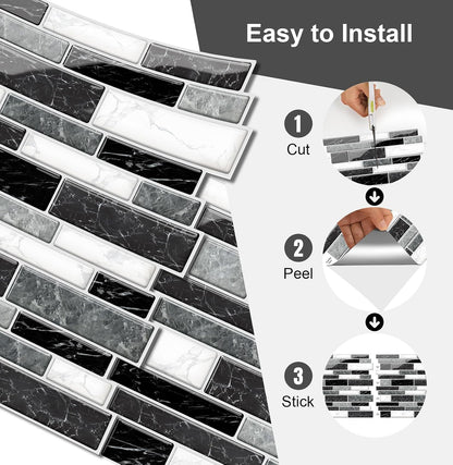 10 Sheets Peel and Stick Backsplash, Peel and Stick Tiles, Marble Look Wall Tiles Backsplash for Kitchen and Bathroom, Livingroom, 12”x12”,Blue&Grey
