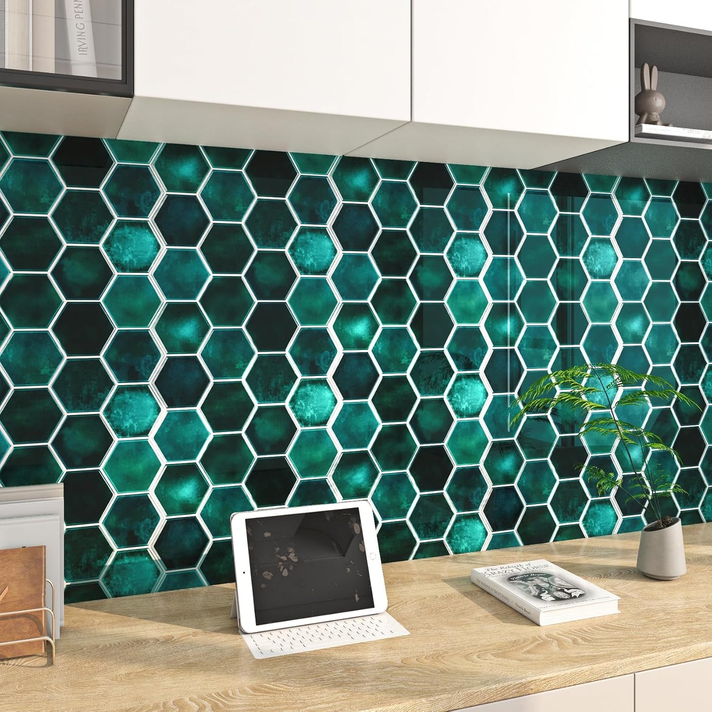 FunStick Dark Green Peel and Stick Backsplash Tile Stickers for Kitchen 12"x12" 3D Hexagon Self Adhesive Wall Tiles Peel and Stick Backsplash Stick on Tile for Bathroom Shower RV Waterproof 5 Sheets