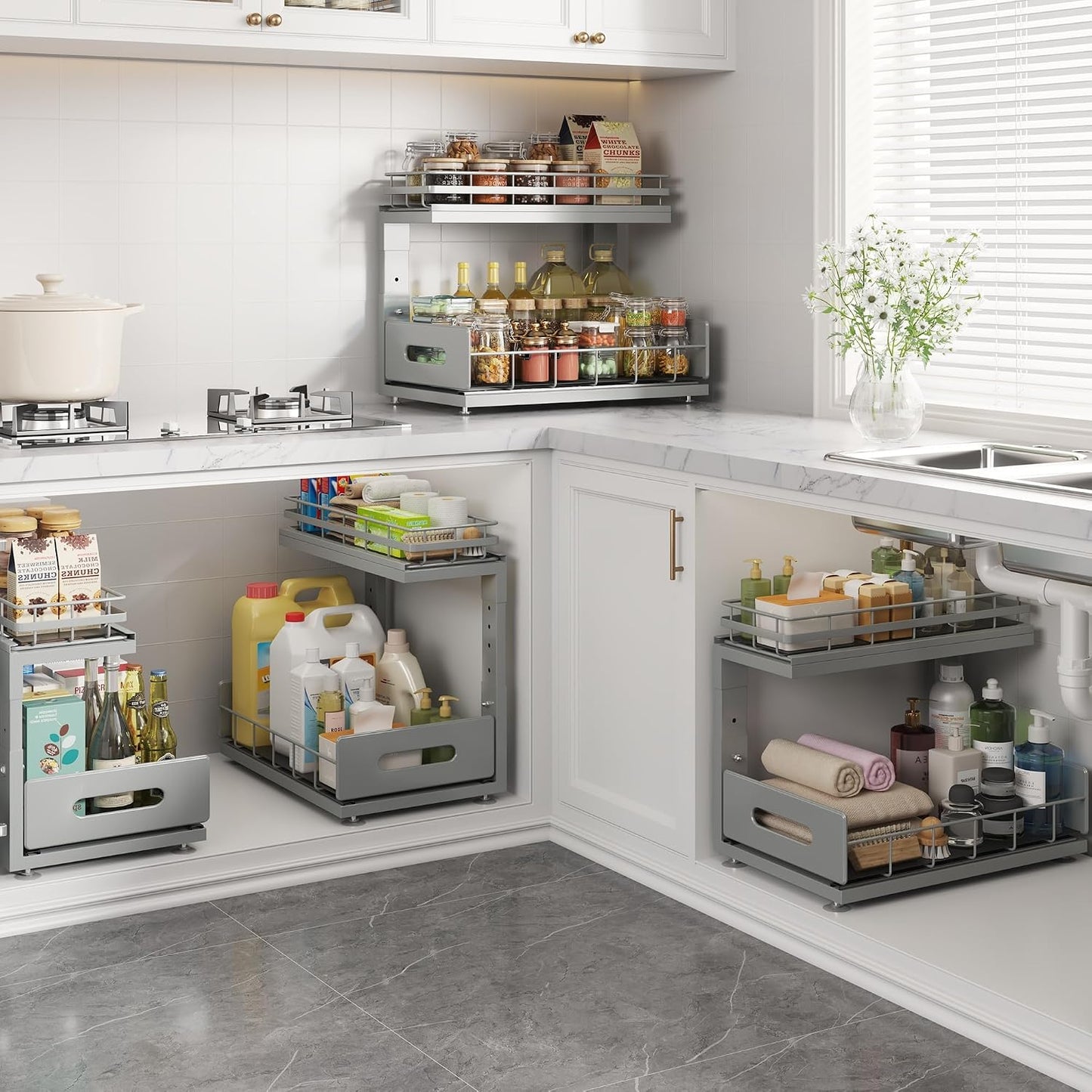 Under Sink Organizer Upgrade To Professional Rails,2-Tier Dual Pull Out Cabinet Storage,Height Adjustable Slide Out Drawers For Bathroom Kitchen,2 Pack-14.5" Dx12.8-16.9" H,White