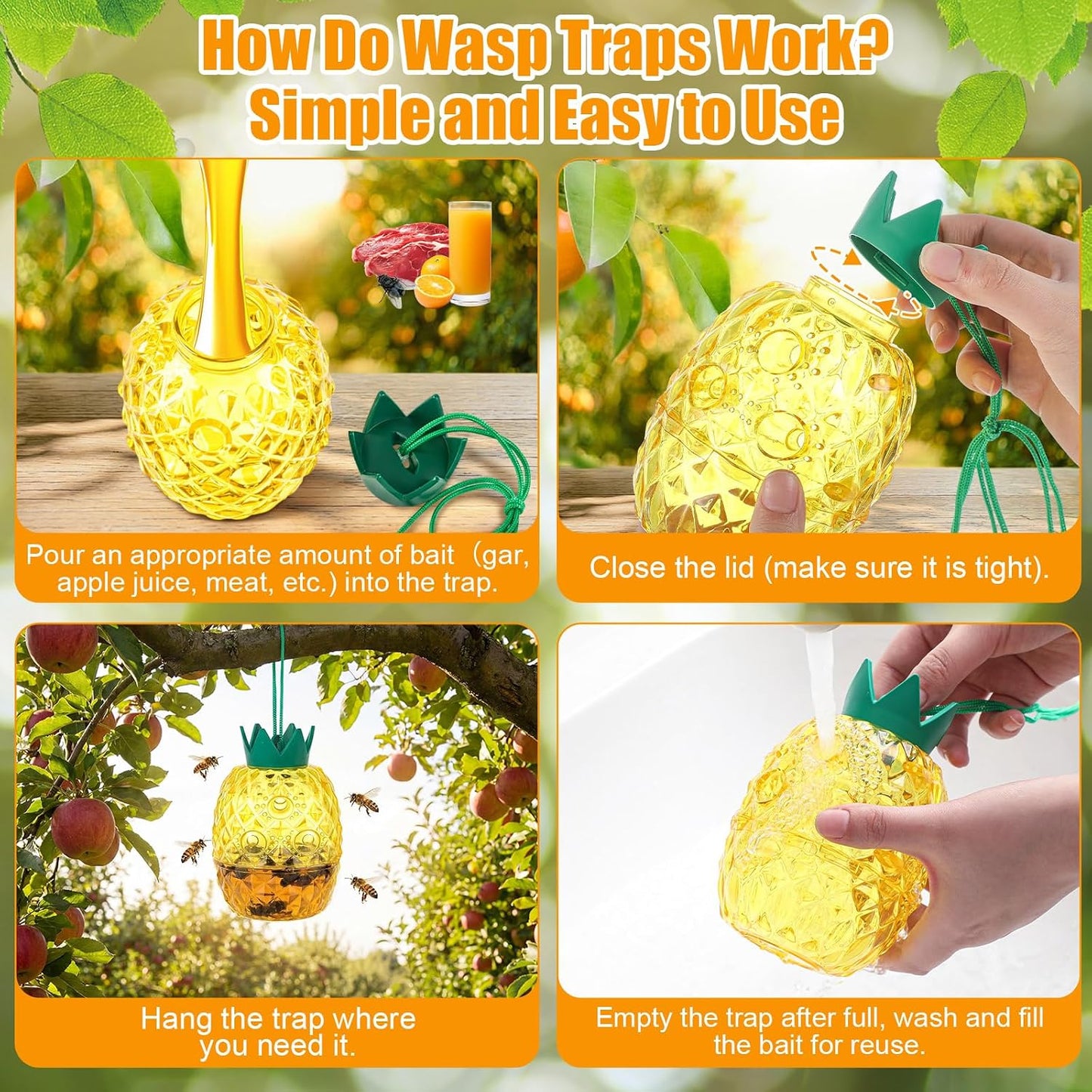 4 Pack Wasp Trap Outdoor Hanging, Reusable Yellow Jacket & Hornet Trap with Bait Reservoir, Durable Outdoor Bee Catcher for Garden, Patio, Orchard, Pineapple Design