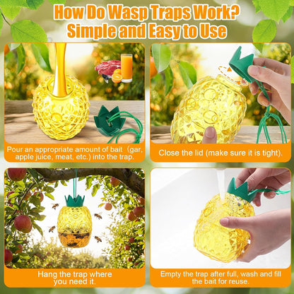 4 Pack Wasp Trap Outdoor Hanging, Reusable Yellow Jacket & Hornet Trap with Bait Reservoir, Durable Outdoor Bee Catcher for Garden, Patio, Orchard, Pineapple Design