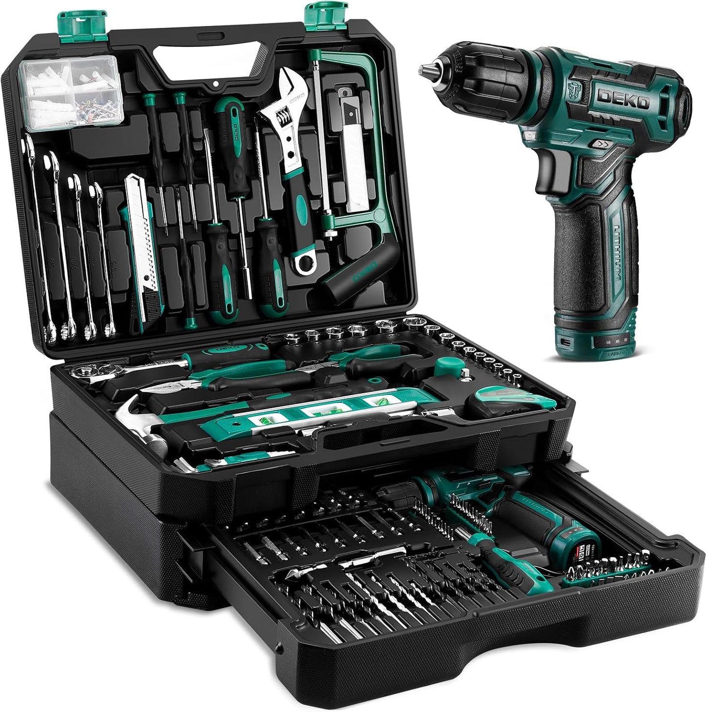Pink Tool Kit Box Drill Set：DEKOPRO Home Mechanic Toolbox with 12V Power Cordless Drill Hand Repair Tools Sets Combo Kits Storage Organizer Drawer Case for Men & Women