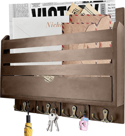 Brown Wall Key Rack Multi Hooks Entryway Storage Box | Entryway Wall Decor Key and Mail Rack, Functional Storage Solution for Bedroom, Office & Apartment