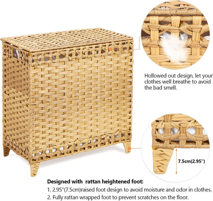 Laundry Hamper with 3 Removable Liner Bags; 132L Handwoven Rattan Laundry Basket with Lid & Heightened Feet; Clothes Hamper with Side Handles; Laundry Sorter with 3 Separate Sections