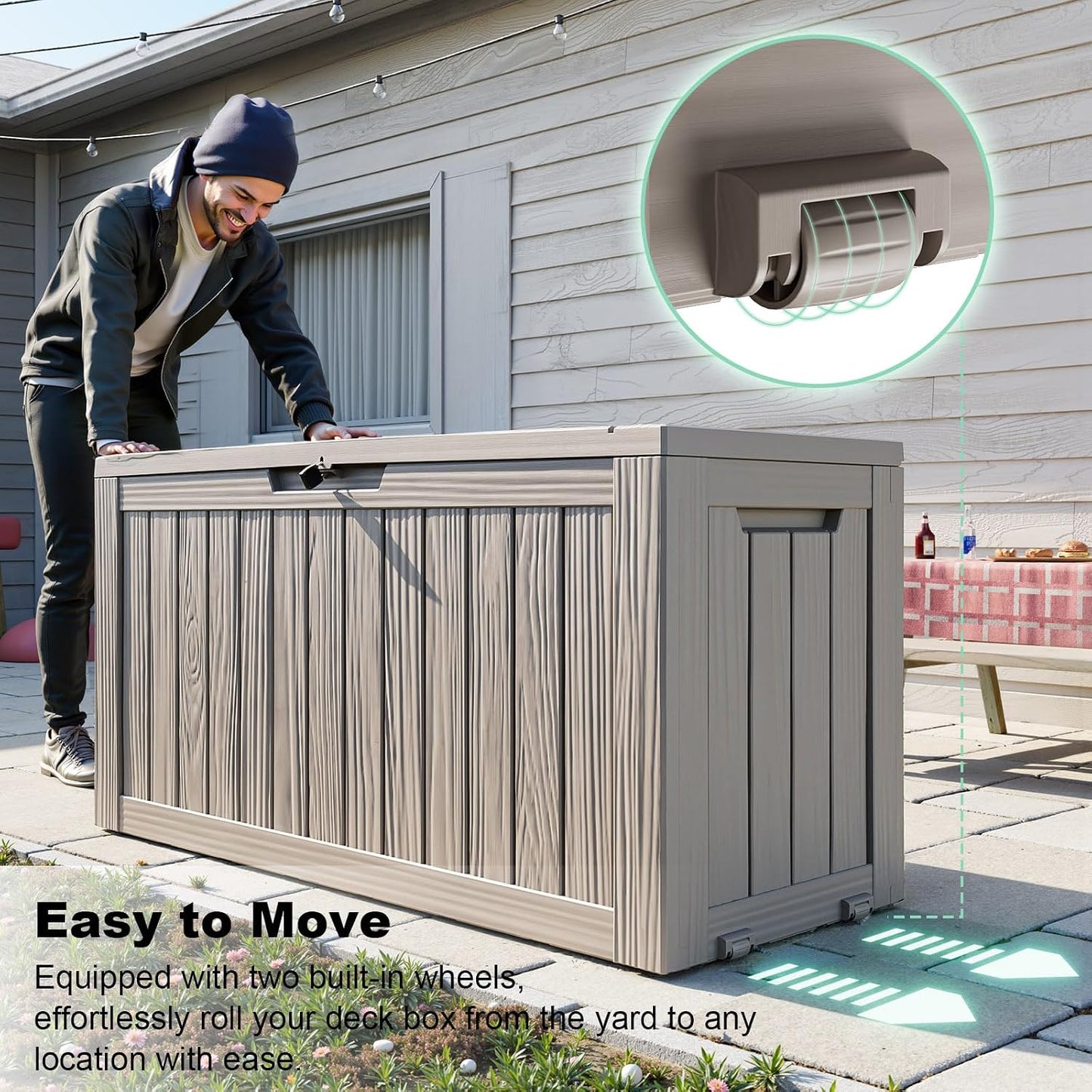 ROJIK 340 Gallon Deck Box Outdoor Waterproof,Weatherproof Outdoor Storage Boxes Lockable with Lid,Outside Resin Storage Bench for Patio Cushions,Garden Tools and Pool Accessories(Black)