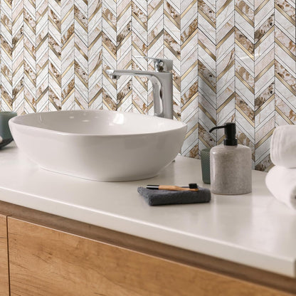 Yipscazo 10-Sheet Herringbone Backsplash Peel and Stick Tile, Polished White PVC Stick on Backsplash for Kitchen, Waterproof Self Adhesive Wall Tile for Bathroom