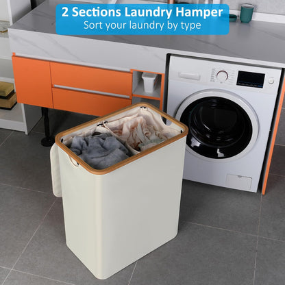efluky Slim Laundry Basket with Lid, Narrow Laundry Hamper with Removable Bag, Skinny Dirty Clothes Basket with Bamboo Handles for Bathroom, Bedroom & Laundry Room, 75L Beige