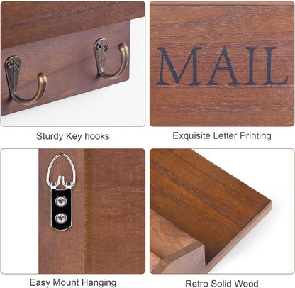 DLQuarts Mail Organizer with Key Holder for Wall, Mail Sorter Wall Mounted, Decorative Wooden Key and Mail Holder with 3 Hooks, Black