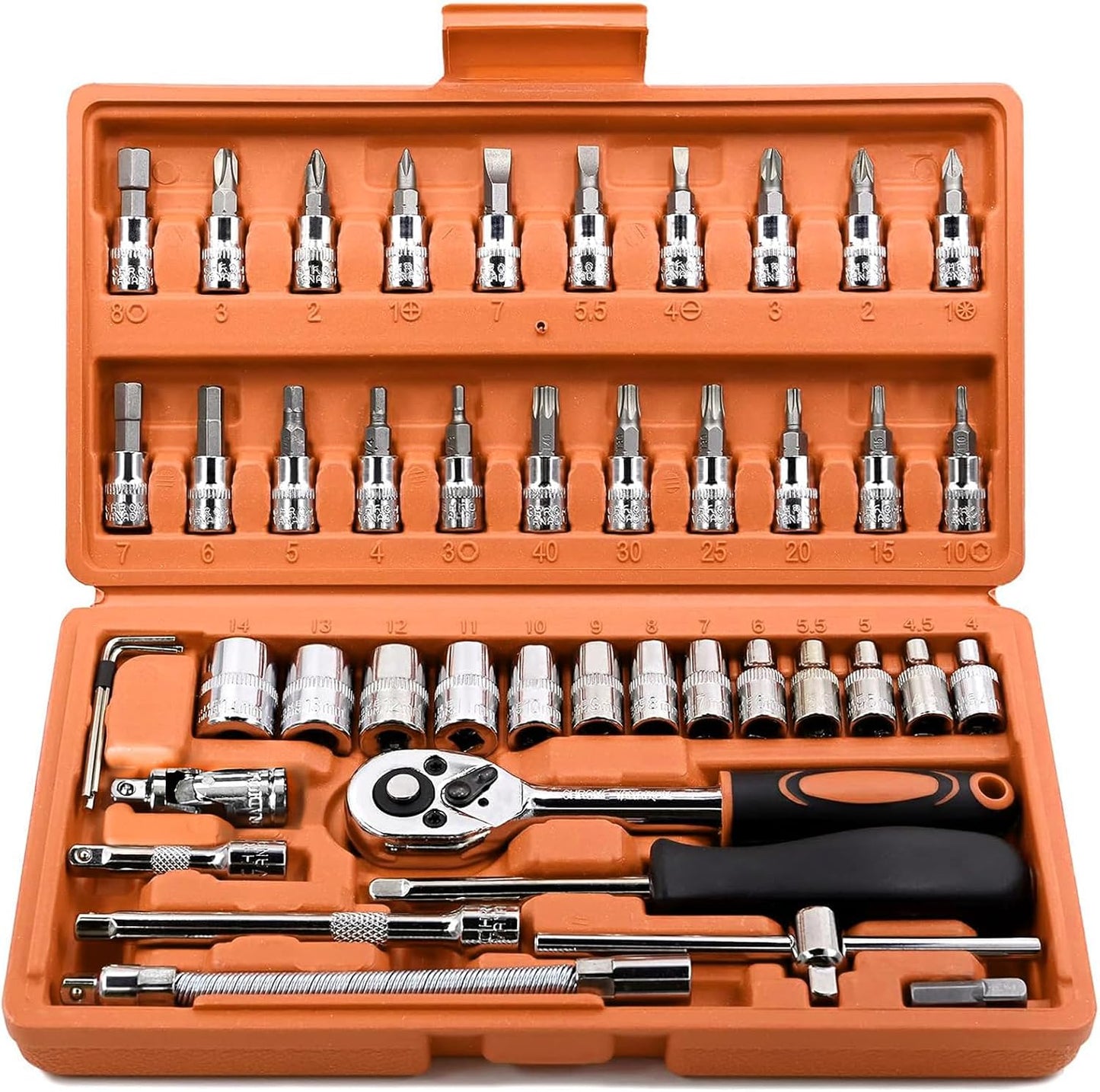 Egofine 46 Pieces 1/4 inch Drive Socket Ratchet Wrench Set, with Bit Socket Set Metric and Extension Bar for Auto Repairing and Household, with Storage Case