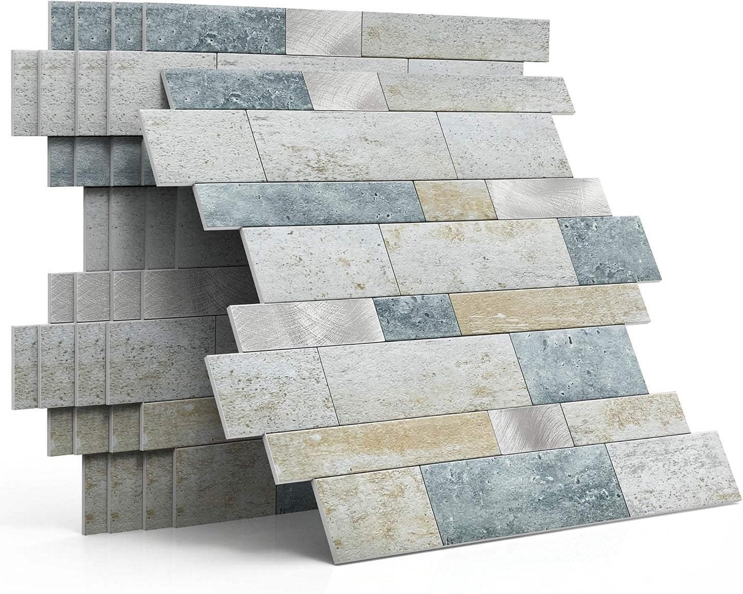 MOFIT Backsplash Tile for Kitchen Peel and Stick Stone Matte Finish,Bathroom Tiles Stickers 3D Wall Panel Linear Mosaic Marble Backsplash Waterproof(10sheets,Blue Green Gray)