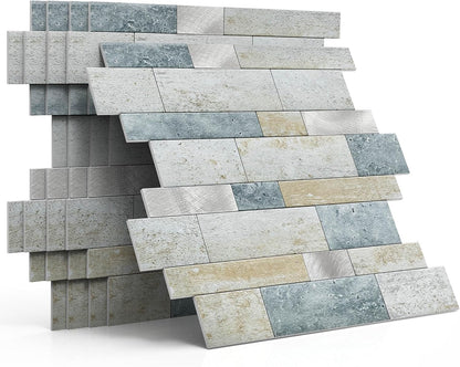 MOFIT Backsplash Tile for Kitchen Peel and Stick Stone Matte Finish,Bathroom Tiles Stickers 3D Wall Panel Linear Mosaic Marble Backsplash Waterproof(10sheets,Blue Green Gray)
