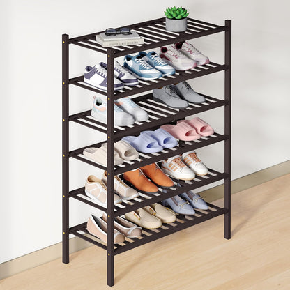 Smiry Bamboo Shoe Rack for Closet, 3 Tier Wooden Shoe Organizer, Stackable Wood Shoe Storage Shelf for Entryway, 14 Vertical Slats, One-piece Heavy-Duty Legs, 26.77"x11.02"x18.31", Natural