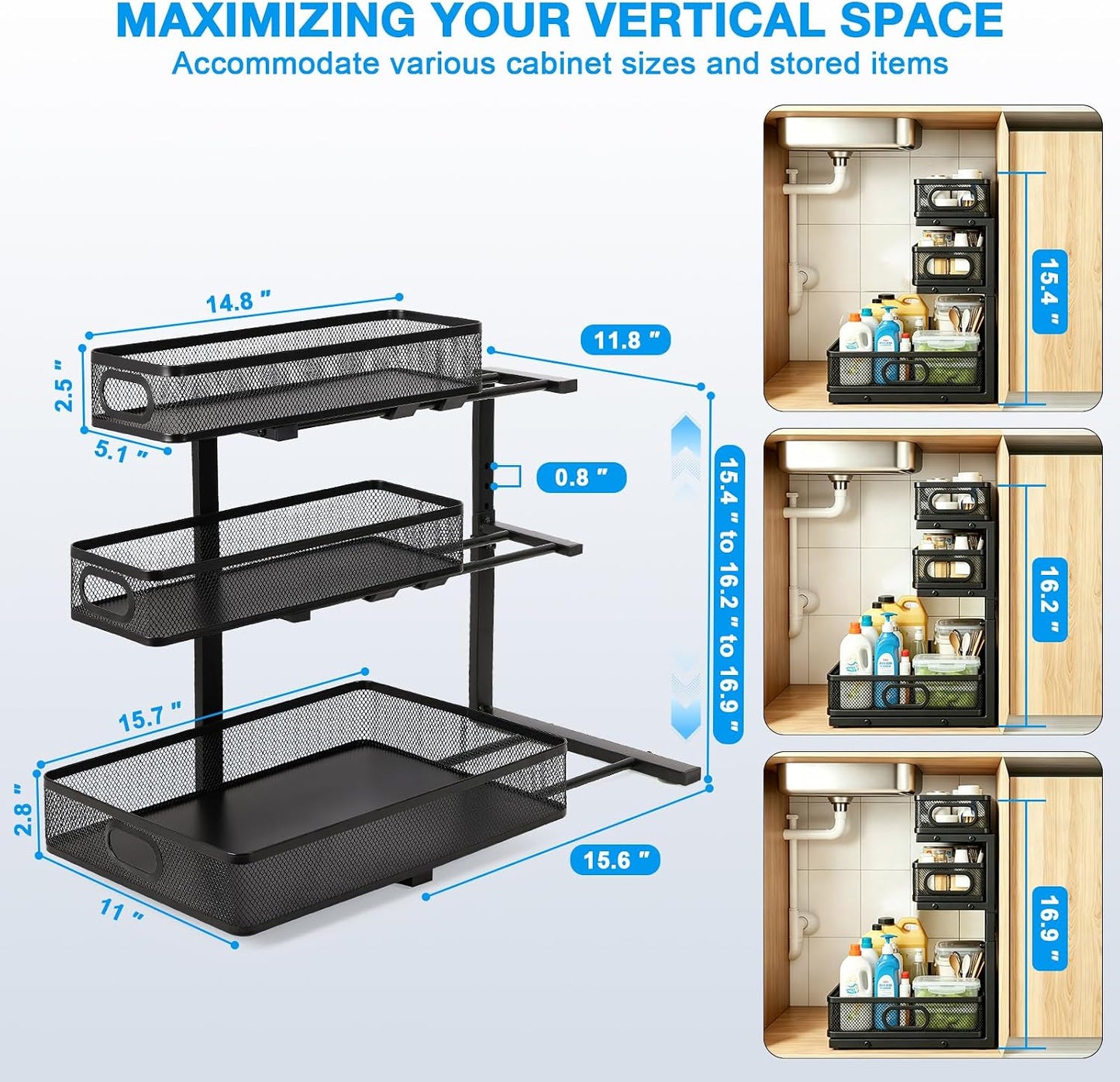 2-Tier bathroom cabinet organizer, bathroom organizers and storage with Adjustable Removable Dividers,Under Sink Organizing,Under Sink and Pull-Out Cabinet Organizer for Kitchen and Pantry Storage