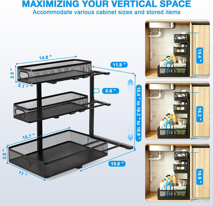 2-Tier bathroom cabinet organizer, bathroom organizers and storage with Adjustable Removable Dividers,Under Sink Organizing,Under Sink and Pull-Out Cabinet Organizer for Kitchen and Pantry Storage