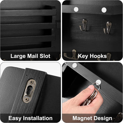 Decorative Key Hanging Rack with 10 Hooks – Easy Install Natural Wooden Key and Mail Holder for Wall Mount – Entryway Decor Rack with Shelf (Black)