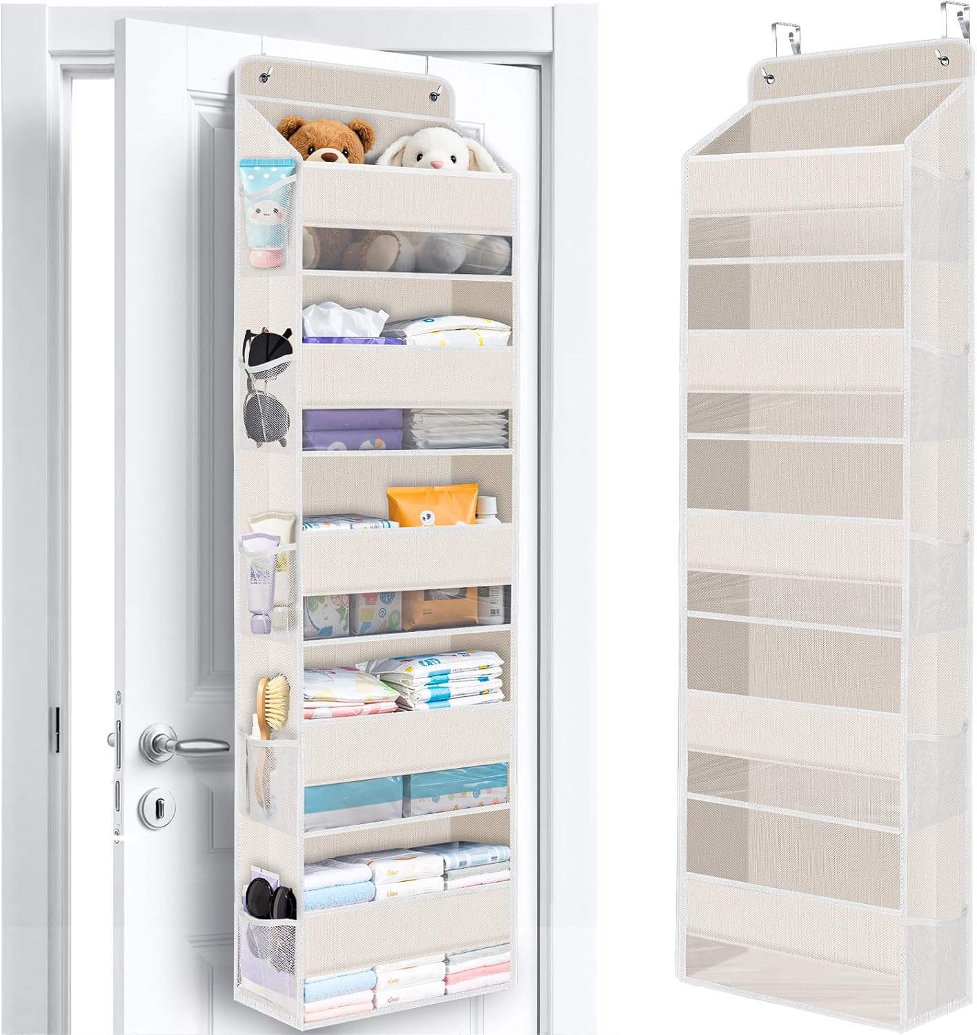 WISELIFE Over The Door Organizer Storage with 4 Large Pockets Door Hanging Organizer with Clear Windows behind The Door Storage for Nursery Bedroom Bathroom Pantry Closet and Baby Essentials Dark Grey