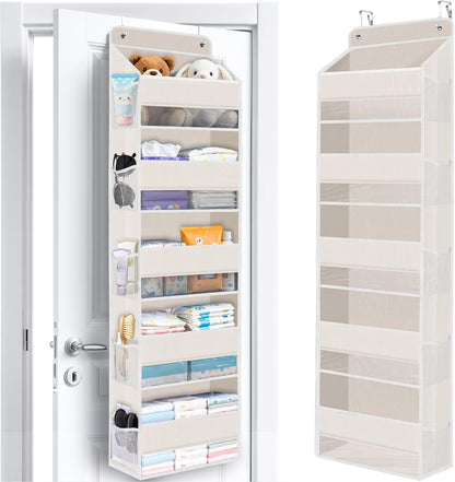 WISELIFE Over The Door Organizer Storage with 4 Large Pockets Door Hanging Organizer with Clear Windows behind The Door Storage for Nursery Bedroom Bathroom Pantry Closet and Baby Essentials Dark Grey