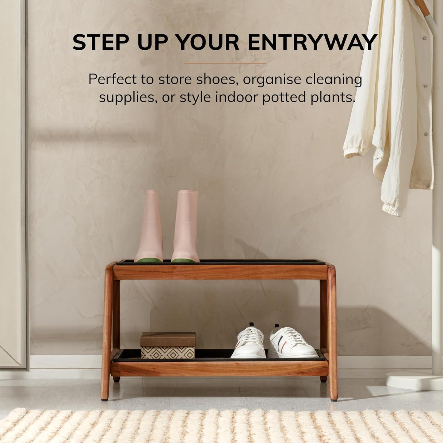 Anji Mountain Heavy Duty Waterproof Wooden Shoe Storage Mat Organizer/Boot Storage Tray Multi Use for Entryway with Coir, Tan Rectangle Embossed Insert, 1 Tier, Fits 2 Pair (26.5" Wide)