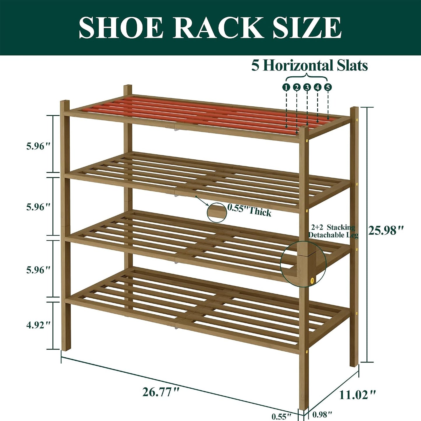 Smiry Bamboo Shoe Rack, 3 Tier Free Standing Wooden Shoe Organizer, Stackable Wood Shoe Storage Shelf for Closet, Entryway, 5 Horizontal Slats, 26.8"x11"x18.3", Natural