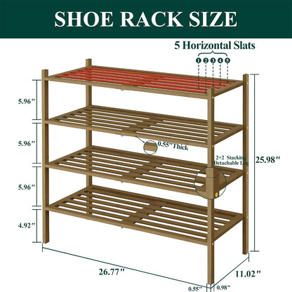 Smiry Bamboo Shoe Rack, 3 Tier Free Standing Wooden Shoe Organizer, Stackable Wood Shoe Storage Shelf for Closet, Entryway, 5 Horizontal Slats, 26.8"x11"x18.3", Natural