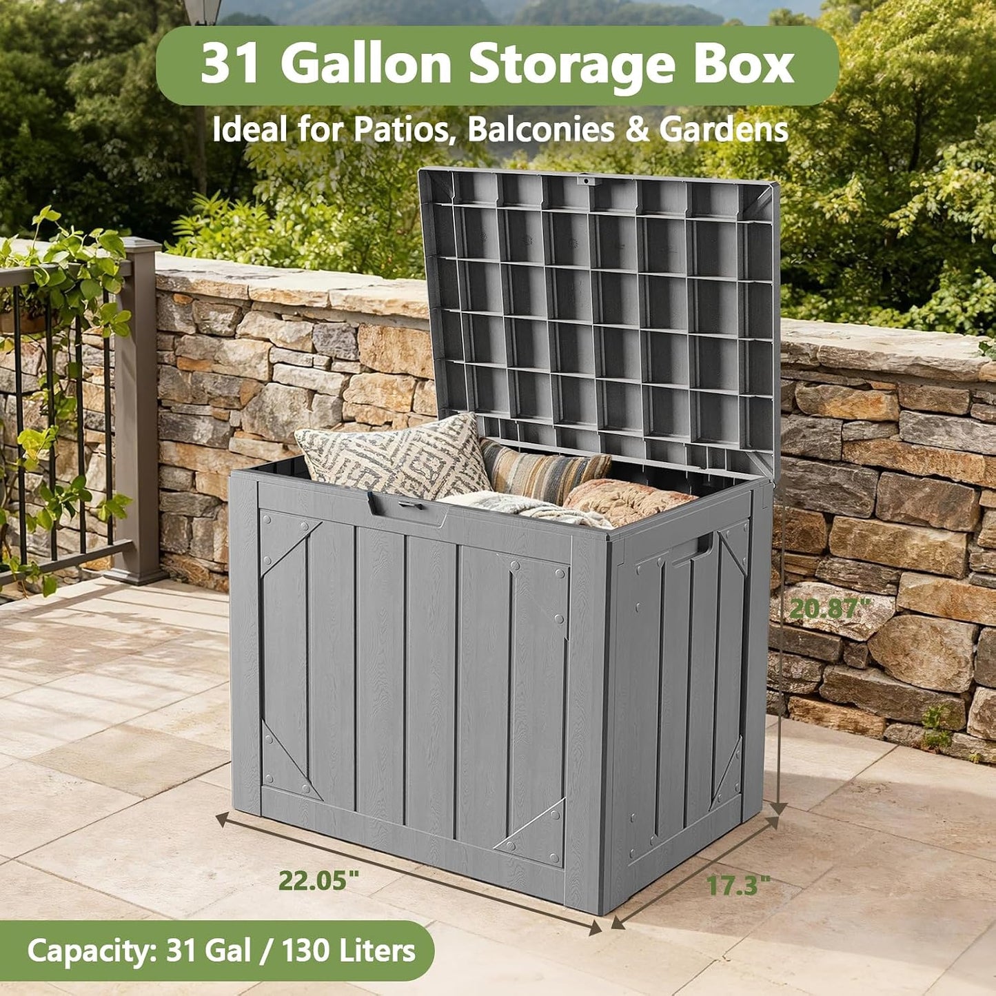 Outdoor Storage Box, 98 Gallon Deck Box, Outdoor Storage Bench, Waterproof Resin Storage Bench with Lockable Lid, Patio Furniture Cushions & Garden Tools Storage, UV Resistant (Black)