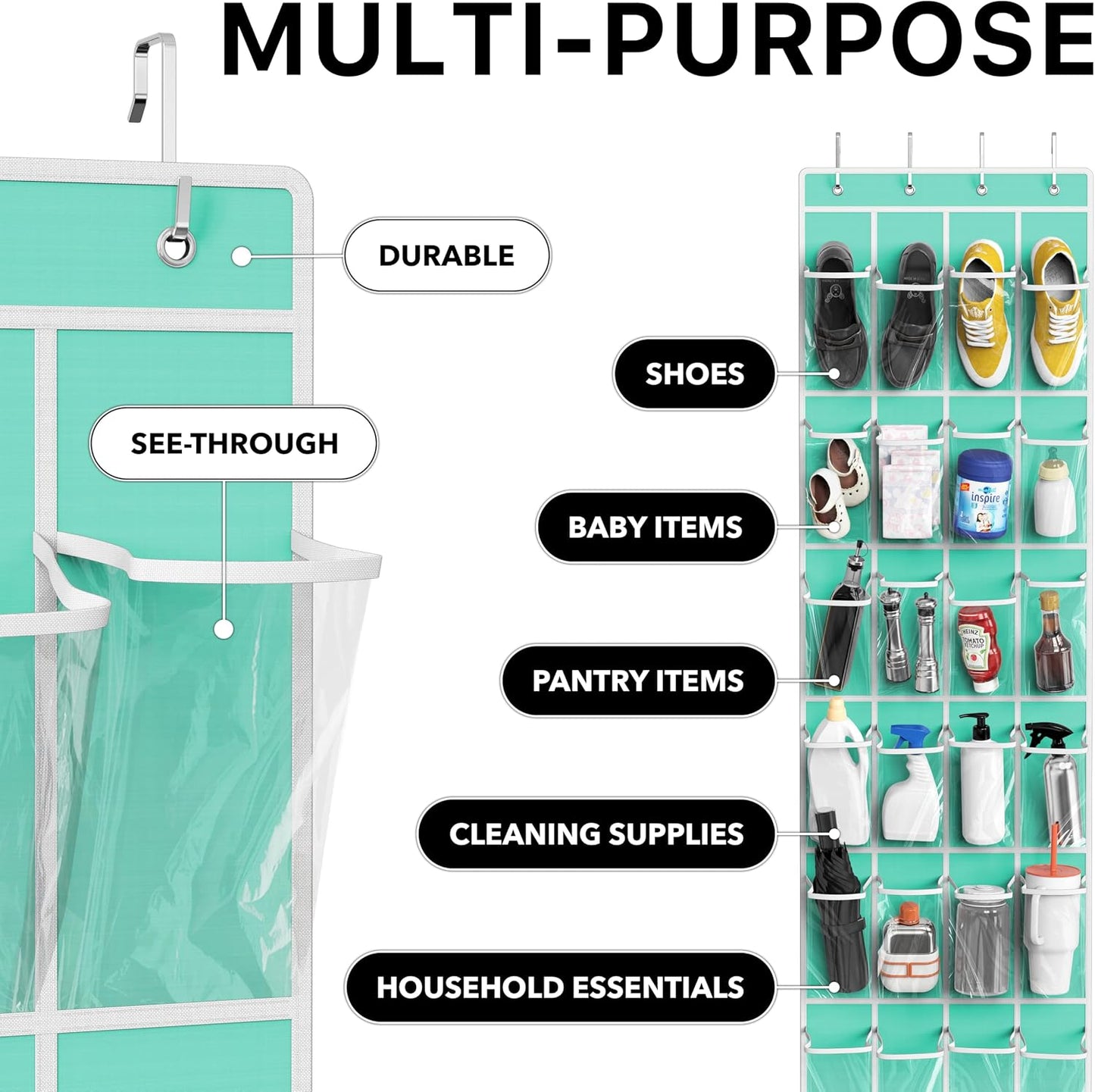 Simple Houseware 24 Pockets - Crystal Clear Over The Door Hanging Shoe Organizer, Gray (64'' x 19'')