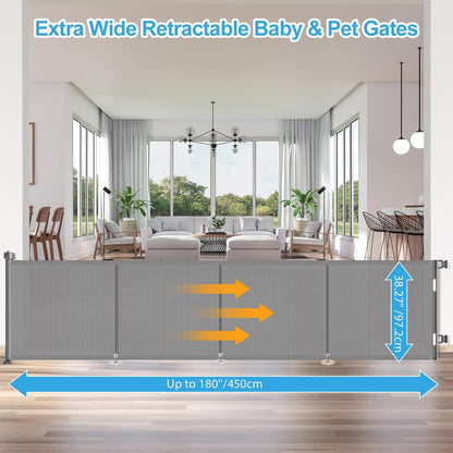 71 inch Retractable Baby Gates, EZIGO Extra Wide Baby Gate for Large Opening Extra Long Mesh Gate for Kids or Pet Dog Gate Child Safety Gate for Stairs Hallways Doorway Indoor Outdoor, Gray
