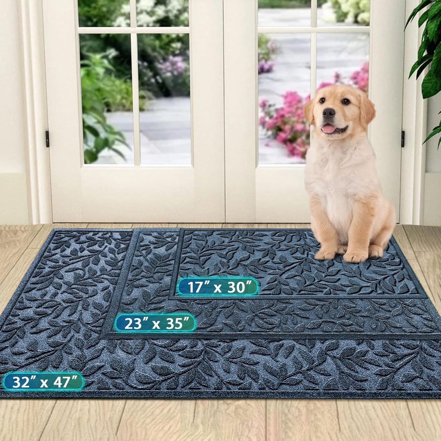 Bulijojo Sturdy Front Entrance Doormats,Durable Heavy Duty Welcome Mat,Thick Absorbent Natural Rubber Non Slip Mat,Easy Clean Entryway Mat 17x30 Inch Leaves Green