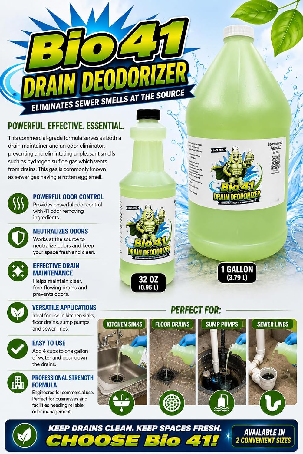 Drain Deodorizer- Odor Eliminator - Commercial Drain Deodorizer - Neutralizer Sewer Gas Smell Remover – 32 Ounce