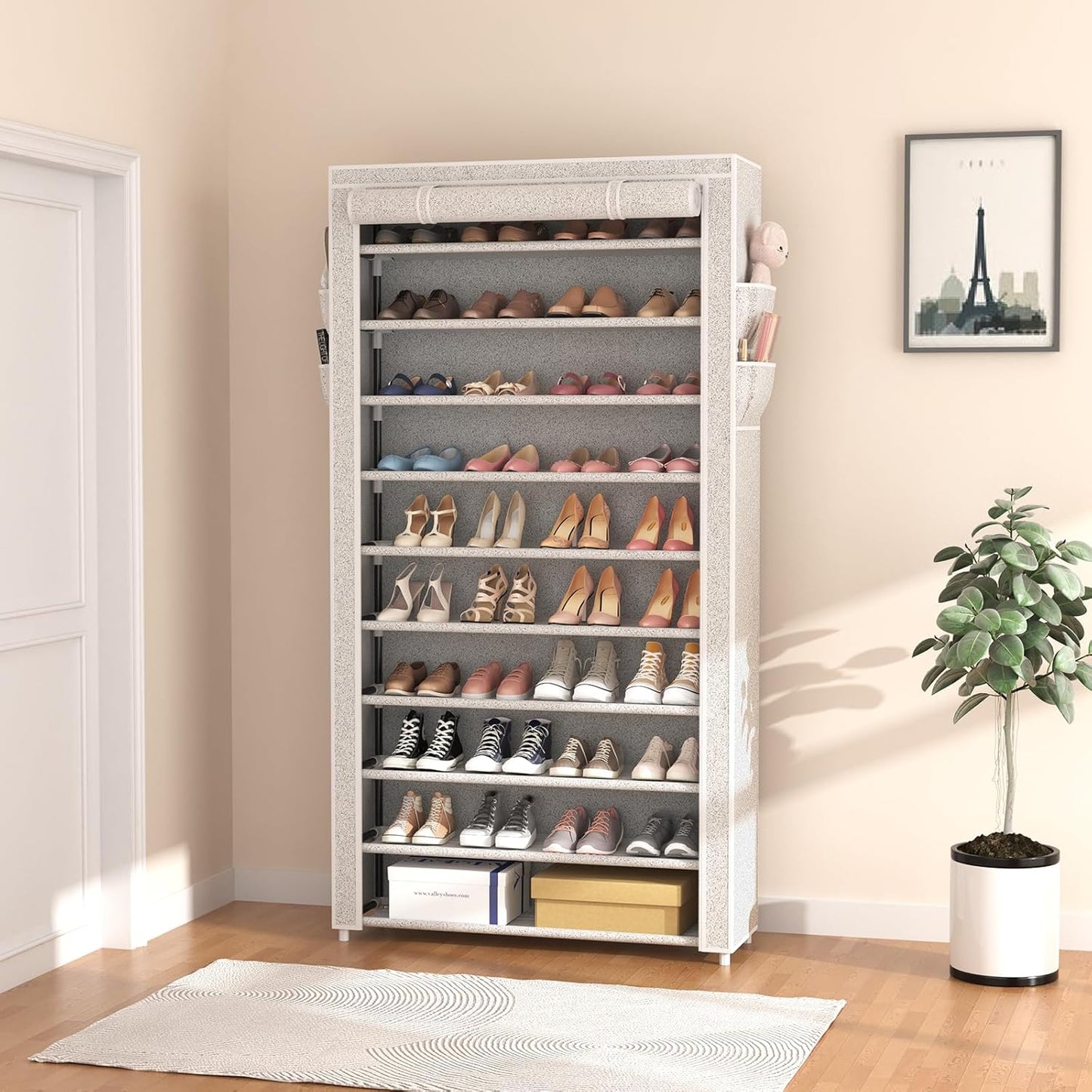 ROJASOP 10 Tier Shoe Rack with Covers,Large Capacity Stackable Tall Shoe Shelf Storage to 50-55 Pairs Shoes and Boots Sturdy Metal Free Standing Shoe Rack Organizer for Closet Entryway Garage