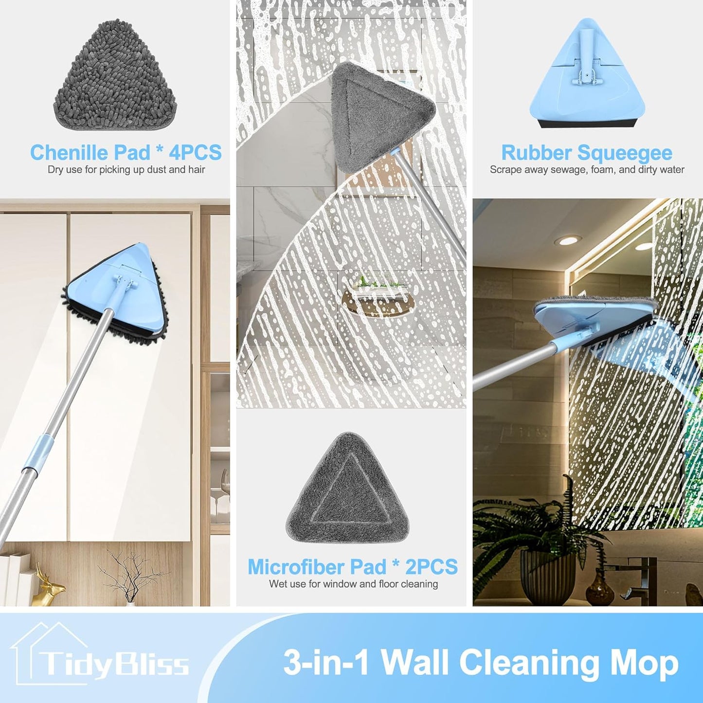 TidyBliss Wall Cleaner Mop with 80” Long Handle, 360° Swivel Ceiling Duster Scrubber with Collapsible Head, Baseboard Cleaning Tool with 4 Chenille and 2 Microfiber Pads for Windows Floor (Blue)