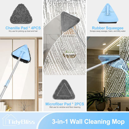 TidyBliss Wall Cleaner Mop with 80” Long Handle, 360° Swivel Ceiling Duster Scrubber with Collapsible Head, Baseboard Cleaning Tool with 4 Chenille and 2 Microfiber Pads for Windows Floor (Blue)