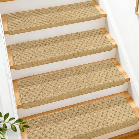 DEXDE Bullnose Stair Treads for Wooden Steps Non-Slip Stair Runner, 14 Pcs | Reusable bullnose carpet Stair Treads Indoor, Peel and Stick Stair Rugs with Edge Protection, Soft Washable, 30"x9.5" Grey