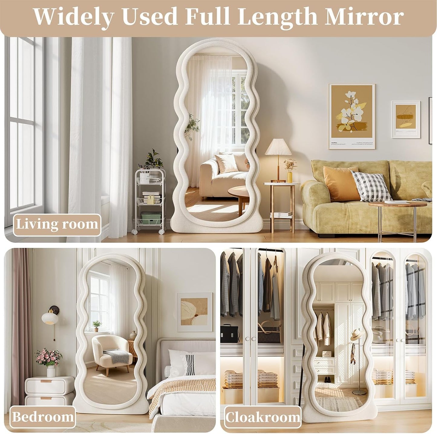 71"x32" Flannel Full Length Mirror, Arched Mirrors Full Length with Stand, Flannel Floor Mirror for Bedroom and Living Room, Full Body Mirror Hanging or Leaning, White