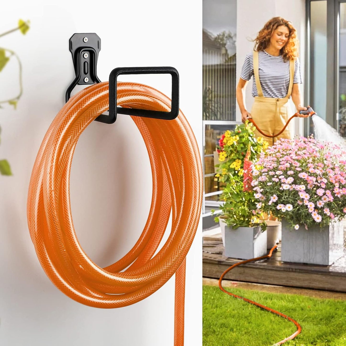 Hose Holder Stand Wall Mount, 2Pcs Heavy Duty Garden Hose Hanger Reel, Metal Water Pipe Tube Hooks Rack for Outside Yard, Garage, Storage Organizer - Black