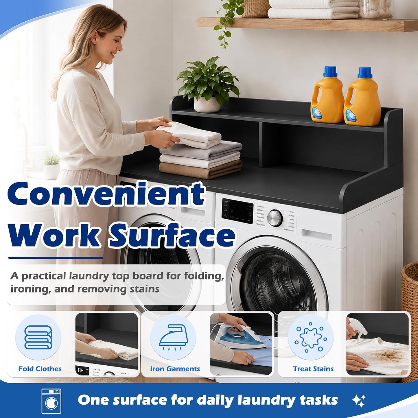 Royxen Laundry Countertop with Storage Universal Fit, Washer and Dryer Countertop with Shelf, Laundry Room Storage, 2-Tier Shelf (Walnut)