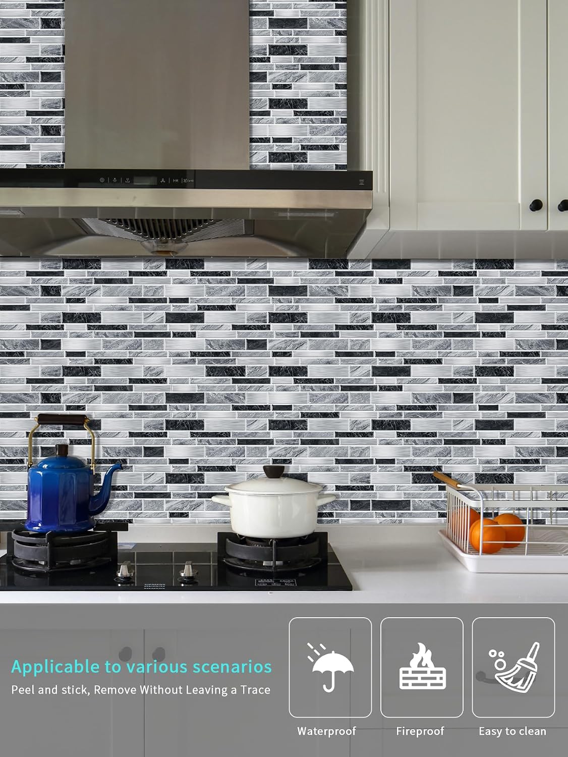 Vinyl Grey Black Tiles backsplash Wallpaper Peel and Stick,Waterproof Tile Decals for Kitchen Bathroom Restaurant Apartment Wall Renovation or Decor(25 Pcs 9.68 * 4.53 inch)