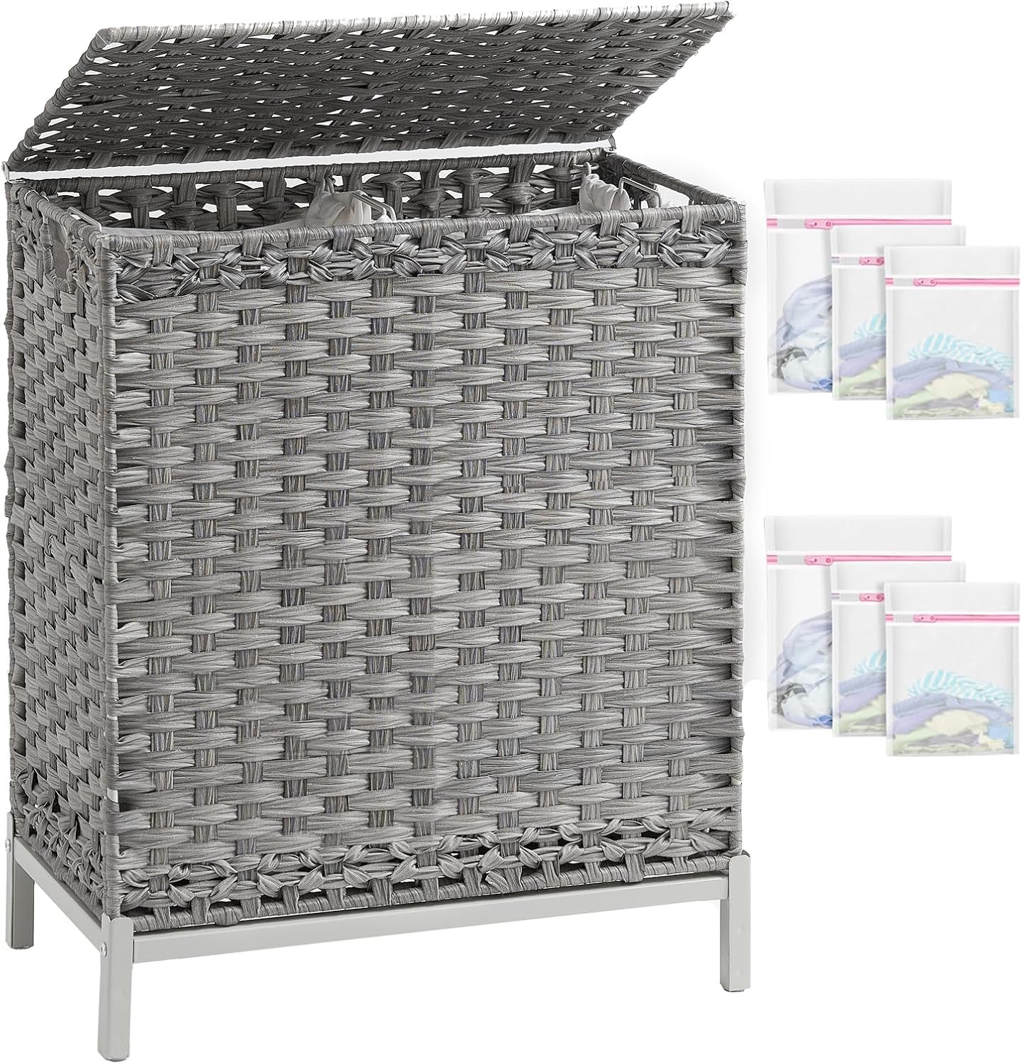 SETVSON Laundry Hamper with Lid 132 L, (35 Gallons) Clothes Hamper with Lid, Handwoven Rattan Laundry Hamper with Metal Heightened Feet, Laundry Hampers with 3 Removable Liner Bags for Laundry-Natural