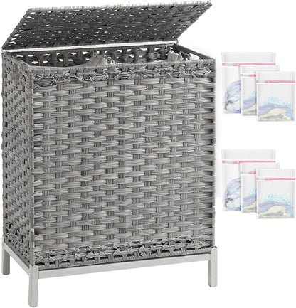 SETVSON Laundry Hamper with Lid 132 L, (35 Gallons) Clothes Hamper with Lid, Handwoven Rattan Laundry Hamper with Metal Heightened Feet, Laundry Hampers with 3 Removable Liner Bags for Laundry-Natural
