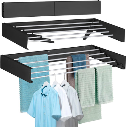 FOCHIER F Laundry Drying Rack Wall Mounted Clothes Drying Rack Collapsible with 5 Aluminum Rods and Drilling Template Long Screwdriver Bit 60 lbs Capacity (White, 31.5")