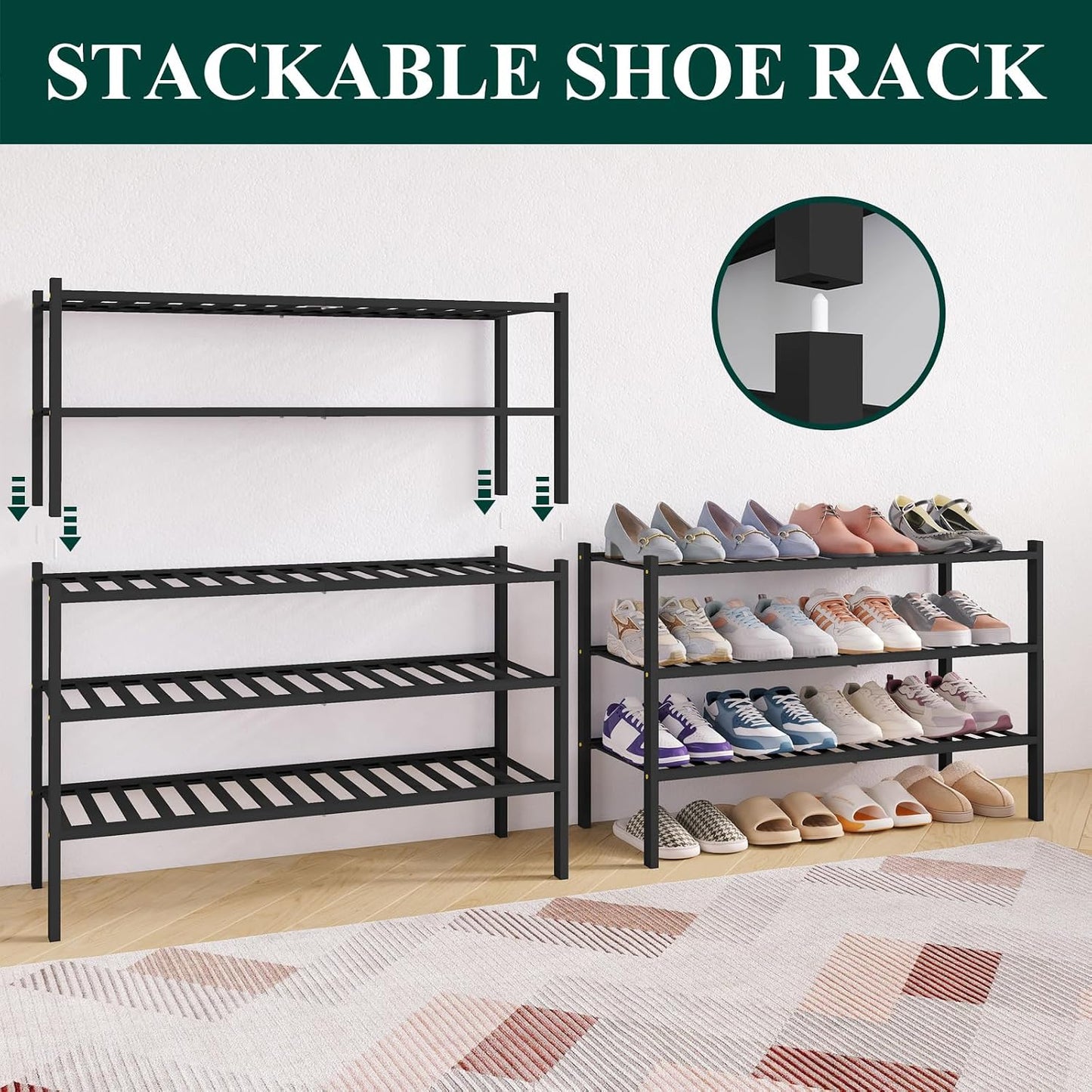 Smiry Bamboo Shoe Rack for Closet, 3 Tier Wooden Shoe Organizer, Stackable Wood Shoe Storage Shelf for Entryway, 14 Vertical Slats, One-piece Heavy-Duty Legs, 26.77"x11.02"x18.31", Natural