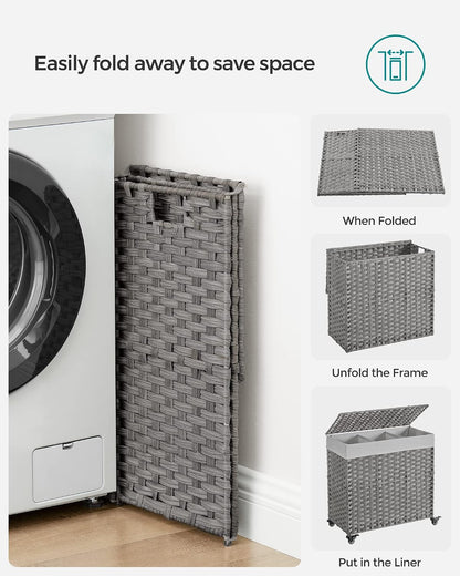SONGMICS Laundry Hamper with Lid, 37 Gallons (140 L), Rolling Laundry Basket with Wheels, 3-Section Synthetic Rattan, Removable Liner, Bedroom, 26 x 13 x 26 Inches, Gray ULCB363G01