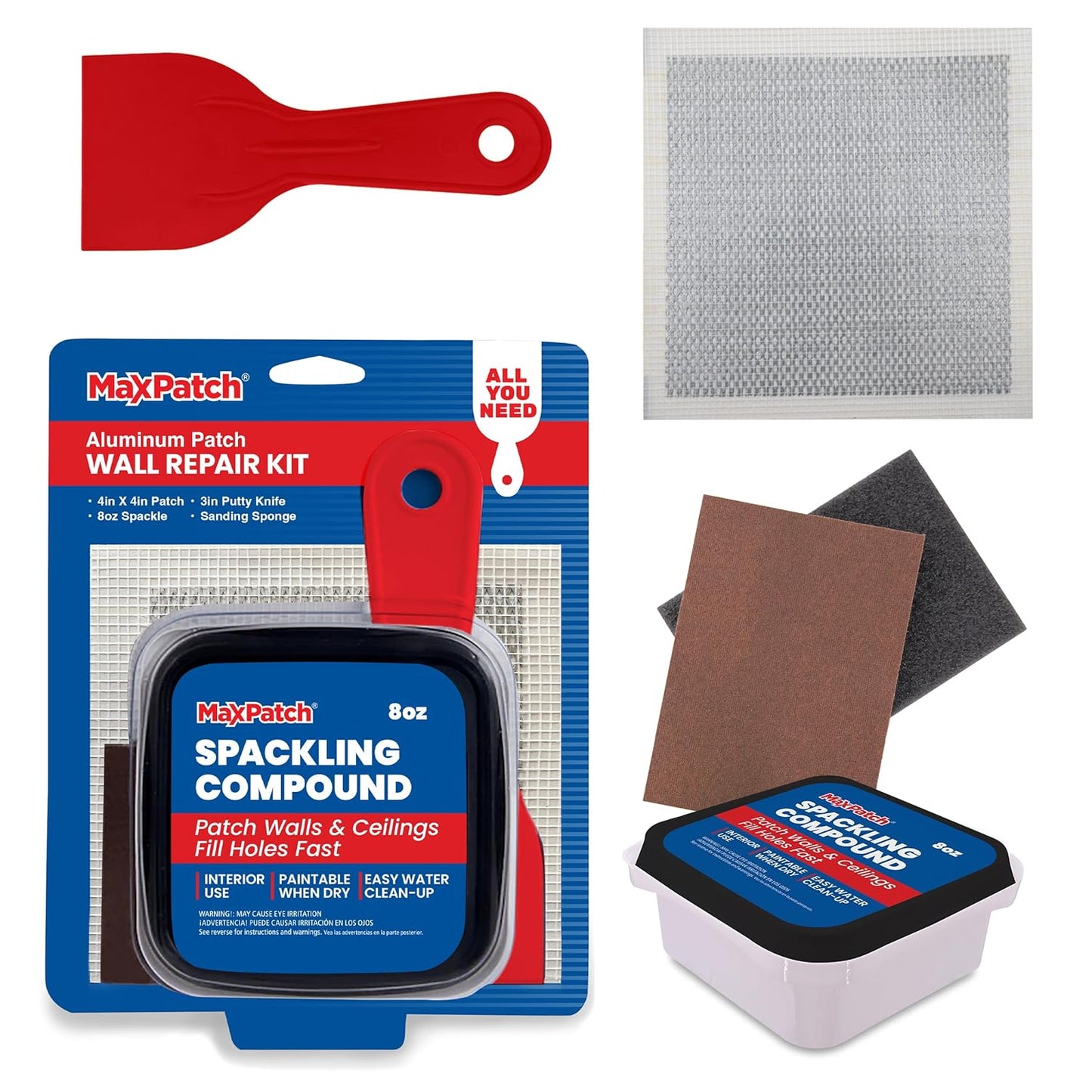 MaxPatch® Drywall Repair Kit, 4-Piece Set – Includes Self-Adhesive Aluminum Patch, 8 oz Spackle, 100% Recycled 3" Putty Knife, and Sanding Sponge – Multi-Purpose Wall Repair for Drywall, Plaster