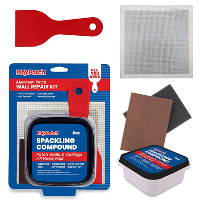 MaxPatch® Drywall Repair Kit, 4-Piece Set – Includes Self-Adhesive Aluminum Patch, 8 oz Spackle, 100% Recycled 3" Putty Knife, and Sanding Sponge – Multi-Purpose Wall Repair for Drywall, Plaster