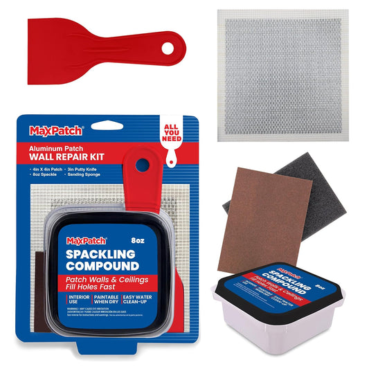 MaxPatch® Drywall Repair Kit, 4-Piece Set – Includes Self-Adhesive Aluminum Patch, 8 oz Spackle, 100% Recycled 3" Putty Knife, and Sanding Sponge – Multi-Purpose Wall Repair for Drywall, Plaster