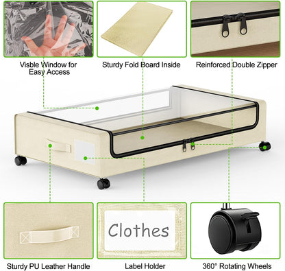 Molutsody Under Bed Storage with Wheels, 2-Pack Underbed Storage Containers with Clear Lids, Under Bed Shoe Storage Organizer, Rolling Under the Bed Storage Bins for Clothes Shoes Blankets (Black)