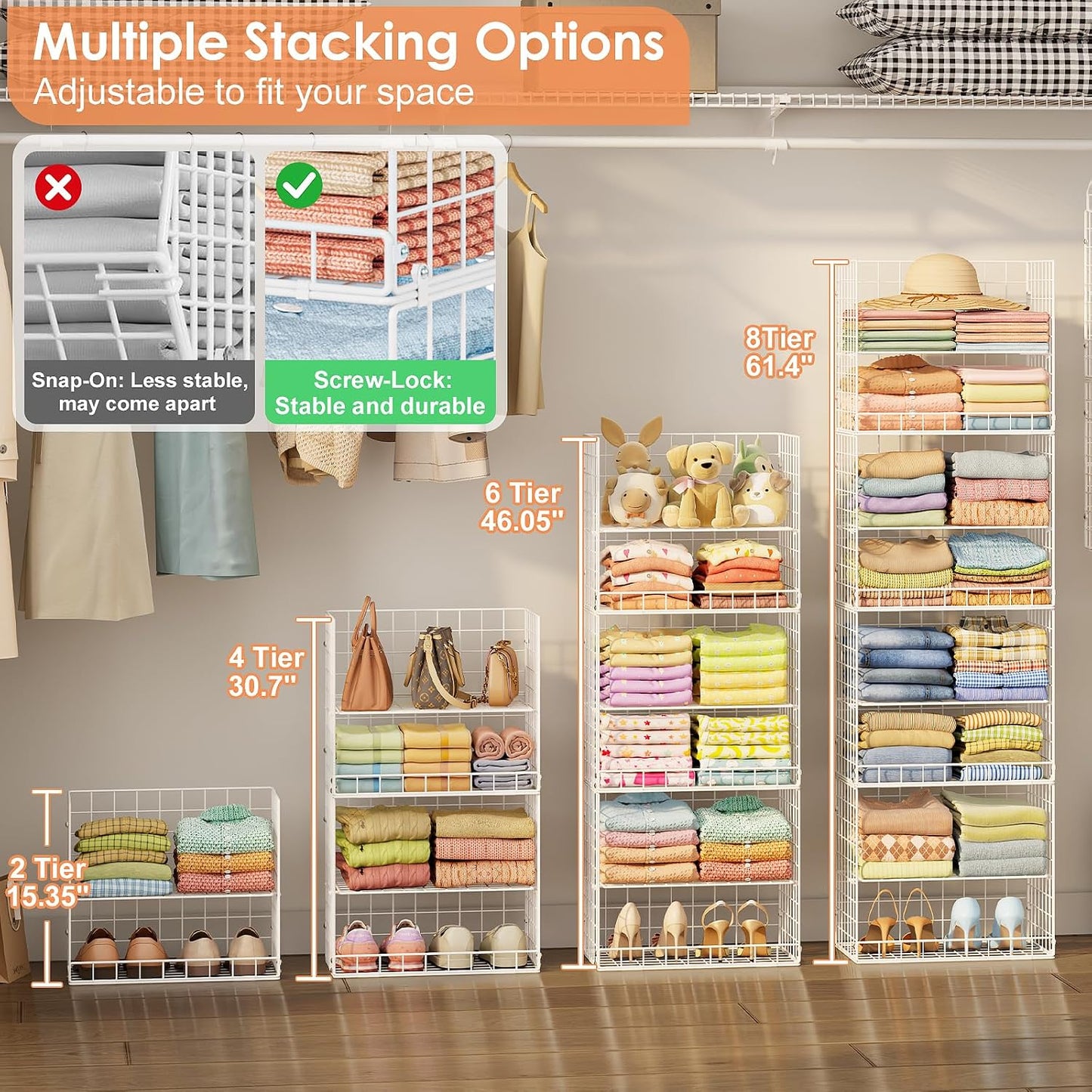 Yuyetuyo 5 Tier Closet Hanging Organizer and Storage Separable Hanging Closet Shelves with 4 Hooks 2 Adjustable Dividers, Wire Storage Basket Bins for Clothing Sweaters Socks Dolls Handbags, Foldable