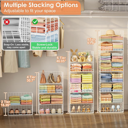Yuyetuyo 5 Tier Closet Hanging Organizer and Storage Separable Hanging Closet Shelves with 4 Hooks 2 Adjustable Dividers, Wire Storage Basket Bins for Clothing Sweaters Socks Dolls Handbags, Foldable